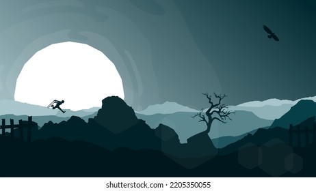 The samurai ran with two swords. illustration of a samurai boy going to war. landscape with mountains. samurai running to attack. illustration of a samurai boy going to war.