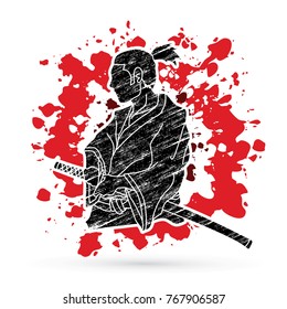 Samurai ready to fight action designed on splatter blood background graphic vector