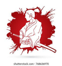 Samurai ready to fight action designed on splatter blood background graphic vector
