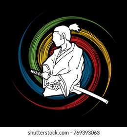 Samurai ready to fight action designed on spin wheel background graphic vector