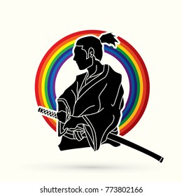 Samurai ready to fight action designed on line rainbows graphic vector