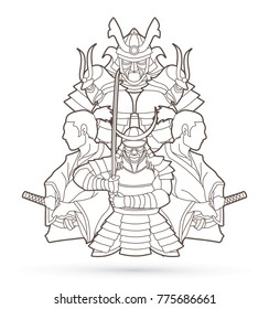Samurai, Ready to fight composition outline graphic vector
