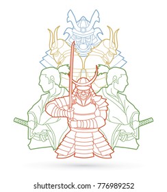 Samurai, Ready to fight composition outline graphic vector
