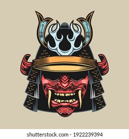 Samurai red mask. Japanese warrior or fighter traditional armor element, angry grinning face and helmet vector illustration. Military and history concept for symbols and emblems templates