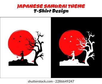 Samurai with red moon t-shirt design. Urban samurai. samurai with tree. Silhouette japan samurai vector for design t-shirt concept.