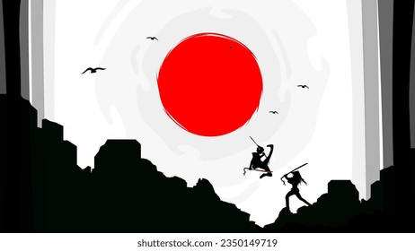 Samurai with red moon wallpaper. samurai duel wallpaper. swordsman duel. two swordsmen fighting. samurai fight. duel. japanese theme background.