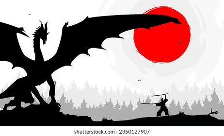 Samurai with red moon wallpaper. samurai holding sword to attack. samurai versus dragon illustration. landscape fantasy wallpaper. japanese theme wallpaper. red moon background.