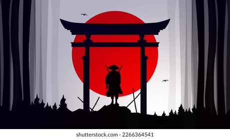 Samurai with red moon wallpaper. red moon. japanese theme wallpaper. samurai wallpaper. landscape japanese theme walpaper. japanese samurai background.