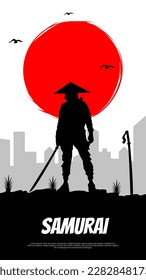 Samurai with red moon wallpaper. Japanese samurai warrior with a sword. urban samurai background. japanese theme wallpaper. vertical monitor background.