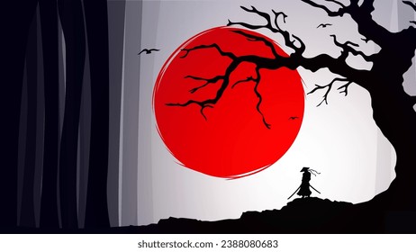 Samurai with red moon wallpaper. red moon. japanese theme wallpaper. silhouette of a samurai in the night background. Japanese samurai warrior with a sword.