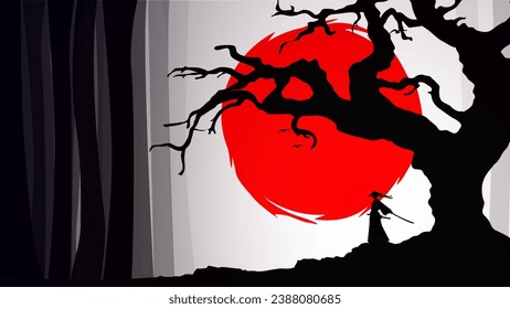 Samurai with red moon wallpaper. red moon. japanese theme wallpaper. silhouette of a samurai in the night background. Japanese samurai warrior with a sword.