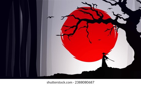 Samurai with red moon wallpaper. red moon. japanese theme wallpaper. silhouette of a samurai in the night background. Japanese samurai warrior with a sword.