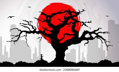 Samurai with red moon wallpaper. red moon. japanese theme wallpaper. silhouette of a samurai in the night background. Japanese samurai warrior with a sword.
