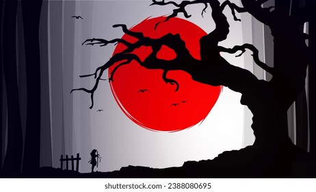 Samurai with red moon wallpaper. red moon. japanese theme wallpaper. silhouette of a samurai in the night background. Japanese samurai warrior with a sword.