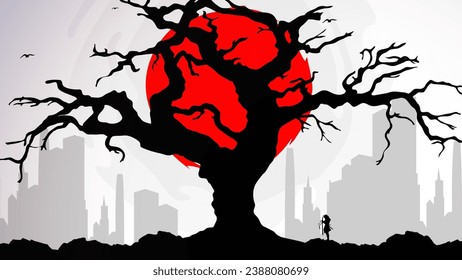 Samurai with red moon wallpaper. red moon. japanese theme wallpaper. silhouette of a samurai in the night background. Japanese samurai warrior with a sword.