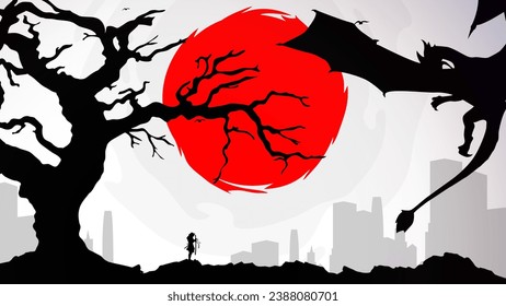 Samurai with red moon wallpaper. red moon. japanese theme wallpaper. silhouette of a samurai in the night background. Japanese samurai warrior with a sword.