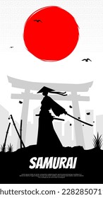 Samurai with red moon wallpaper. A silhouette of a samurai with a red moon behind it. Japanese samurai warrior with a sword. japanese theme wallpaper for Phone. vertical monitor background.