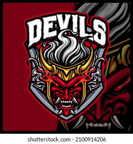 Samurai Red Oni Skull Monster mascot esport logo design illustrations vector template, Devil Ninja logo for team game streamer banner, full color cartoon style