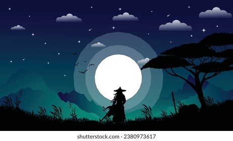 The samurai are resting wallpaper 4K desktop. The samurai are resting background. cool night vibe and full moon. landscape view illustration vector background