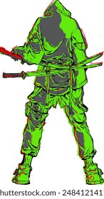 Samurai in retro style with dominant green color