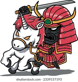 
A samurai riding a horse with arms raised and holding a sword is fighting.