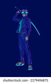 Samurai robot cyberpunk logo line pop art portrait fiction colorful design with dark background. Abstract vector illustration.