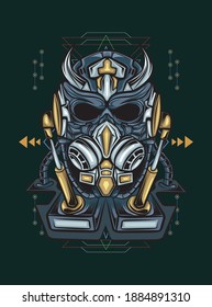 Samurai robot head vector illustration, good for or merchandise, apparel or other with modern geometry ornament.