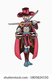 ilustración de robot samurai con sombrero rojo. Cool samurai cyborg sostiene espadas de katana aisladas en fondo blanco.