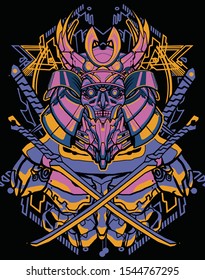 samurai robot purple yellow pink with sacred modern geometry background
