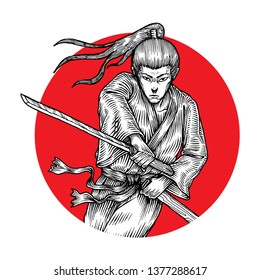 Samurai Ronin Attacking With His Katana, Hand Drawn Illustration, Isolated Vector