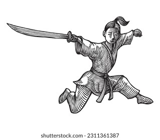 Samurai Ronin Attacking With His Katana, Hand Drawn Illustration, Isolated Vector