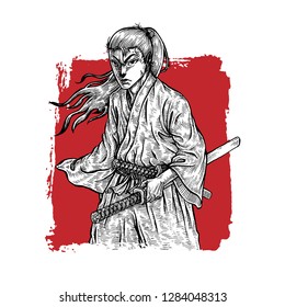 Samurai Ronin , Hand Drawn Illustration Sketch, Isolated Vector