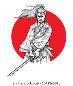 Samurai Ronin Holding Katana, Japanese Swordsman, Hand Drawn Illustration, Isolated Vector