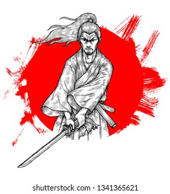 Samurai Ronin Holding Katana, Japanese Swordsman, Hand Drawn Illustration, Isolated Vector