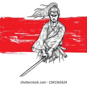 Samurai Ronin Holding Katana, Japanese Swordsman, Hand Drawn Illustration, Isolated Vector