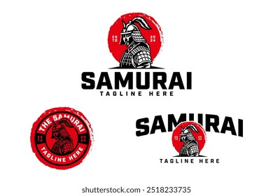 samurai, ronin, ninja, guerreiro com capacete, armadura e sol vermelho lua fundo logotipo design ilustração coleção com estilo retro e emblema para jogos, esporte clube mascote e projetos de mercadorias