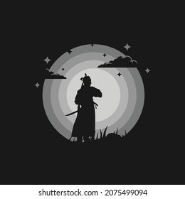 Samurai ronin silhouette illustration night moon with cloud 