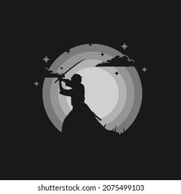 Samurai ronin silhouette illustration night moon with cloud 