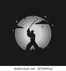 Samurai ronin silhouette illustration night moon with cloud 