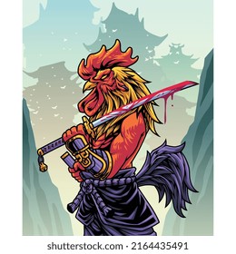 Samurai rooster mascot logo design
