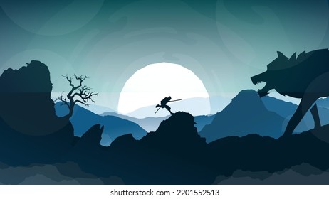 samurai running to attack. samurai boy. the battle of the samurai with the wolf monster. illustration of a samurai boy going to war.