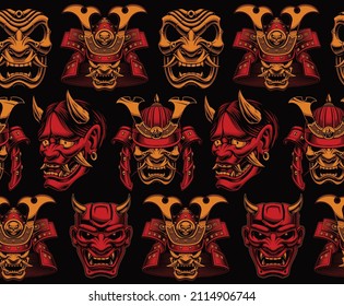 Samurai Seamless Pattern, a background with different Japanese masks