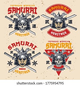 Samurai set of four vector colorful emblems, badges, labels, logos or t-shirt prints with japanese hieroglyphs (budo - modern martial arts) on background with removable grunge textures
