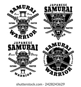 Samurai set of vector monochrome emblems, badges, labels isolated on white background