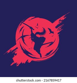 samurai shadow crow and red moon