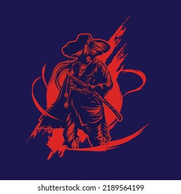 samurai shadow crow and red moon vector illustration 