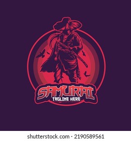 ilustración del vector de sombra de samurai y luna roja