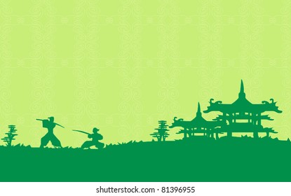 Samurai silhouette in Asian Landscape