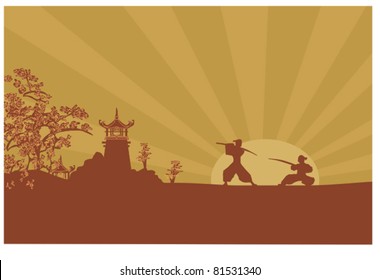 Samurai silhouette in Asian Landscape