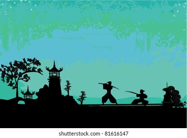 Samurai silhouette in Asian Landscape